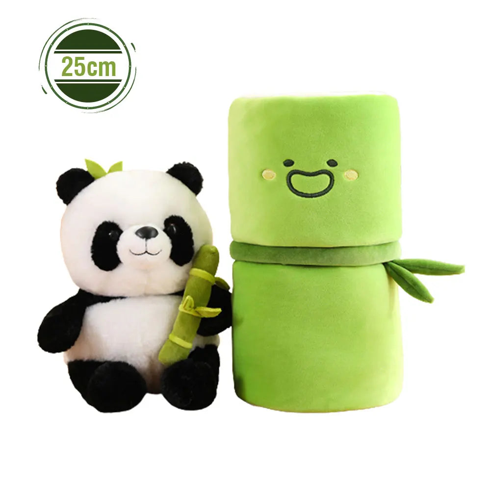 Plush kawaii panda toy with a green bamboo character on a white background