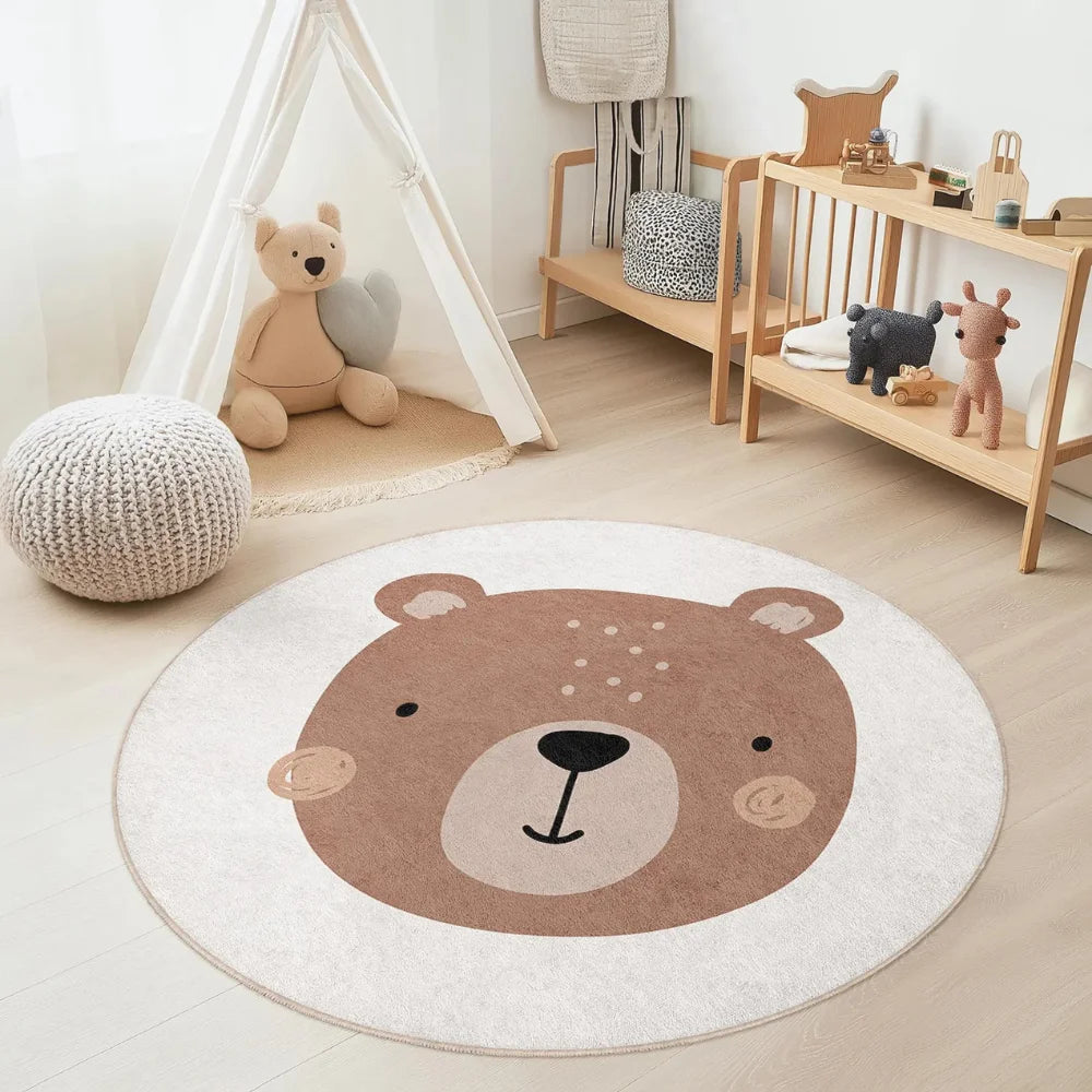 Round bear kawaii rug in a child's room with toys and furniture.
