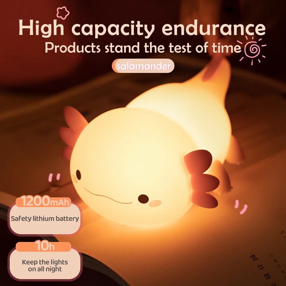 Cute kawaii animal-shaped night light with salamander branding and battery information.