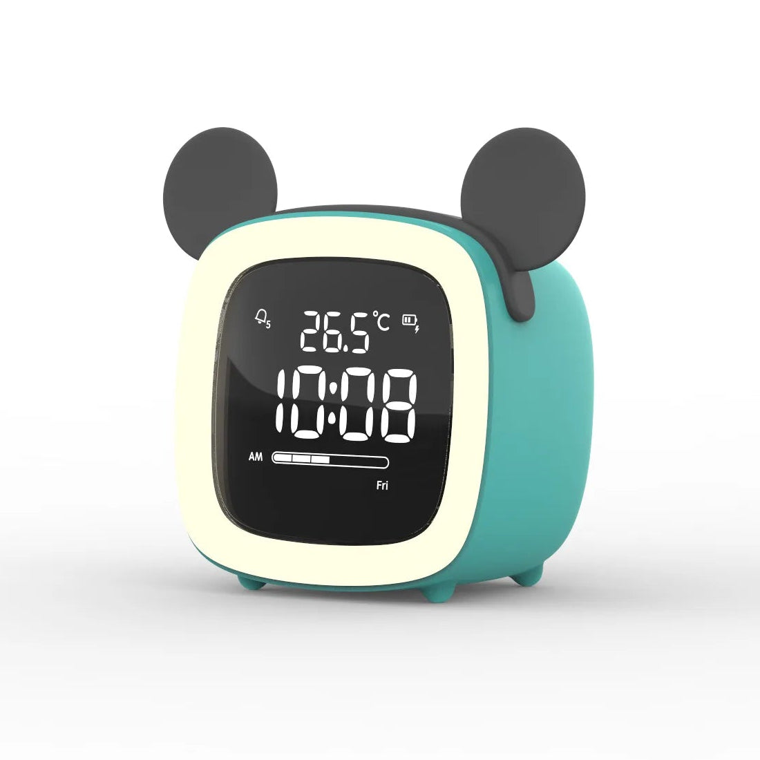 Kawaii digital clock with cartoon design on a white background