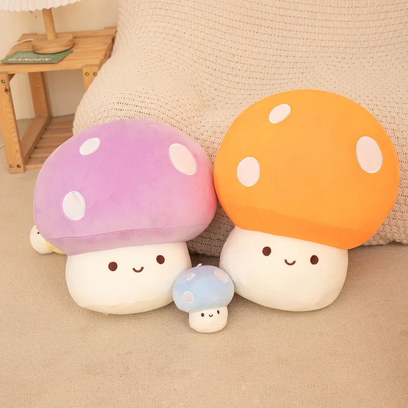 Set of mushroom-shaped plush kawaii toys in various colors on a beige surface.