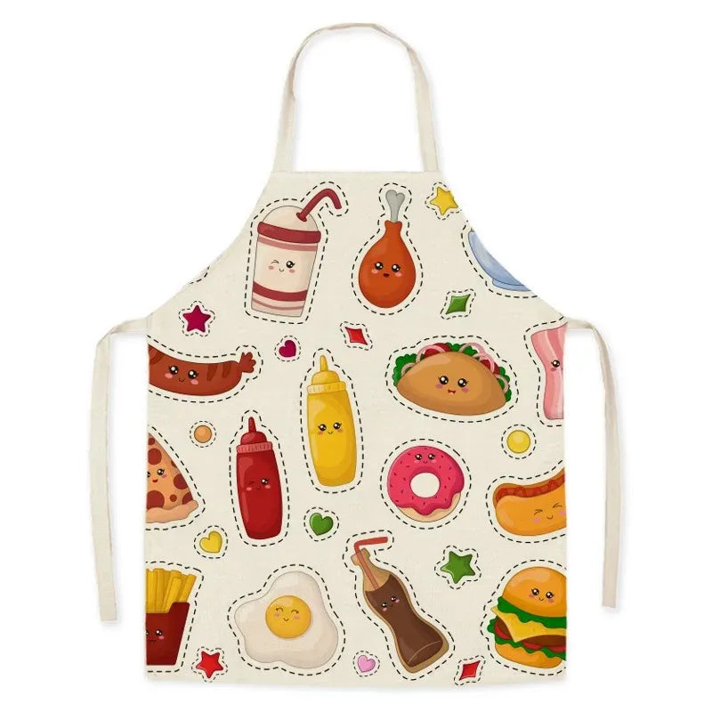 Children's Kawaii apron with cartoon food illustrations on a white background