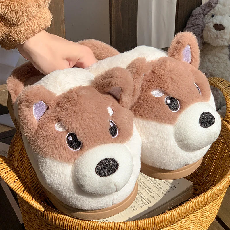 Pair of plush kawaii dog-shaped slippers in a basket