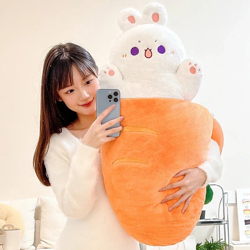 Person holding a large carrot-shaped plush kawaii toy with a cartoon character on a light background