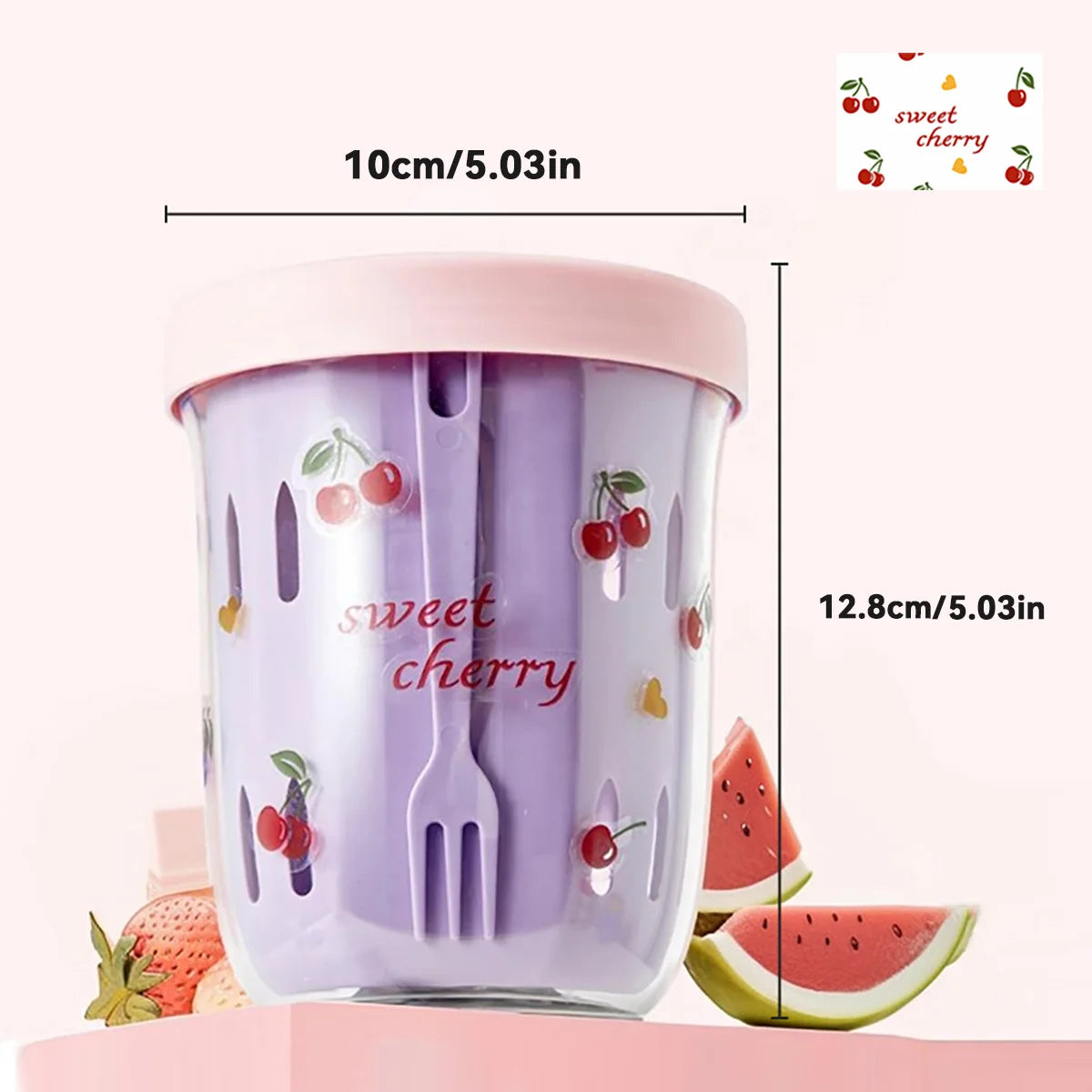 Purple container with Kawaii 'sweet cherry' text and fruit illustrations, shown with measurements on a white background.