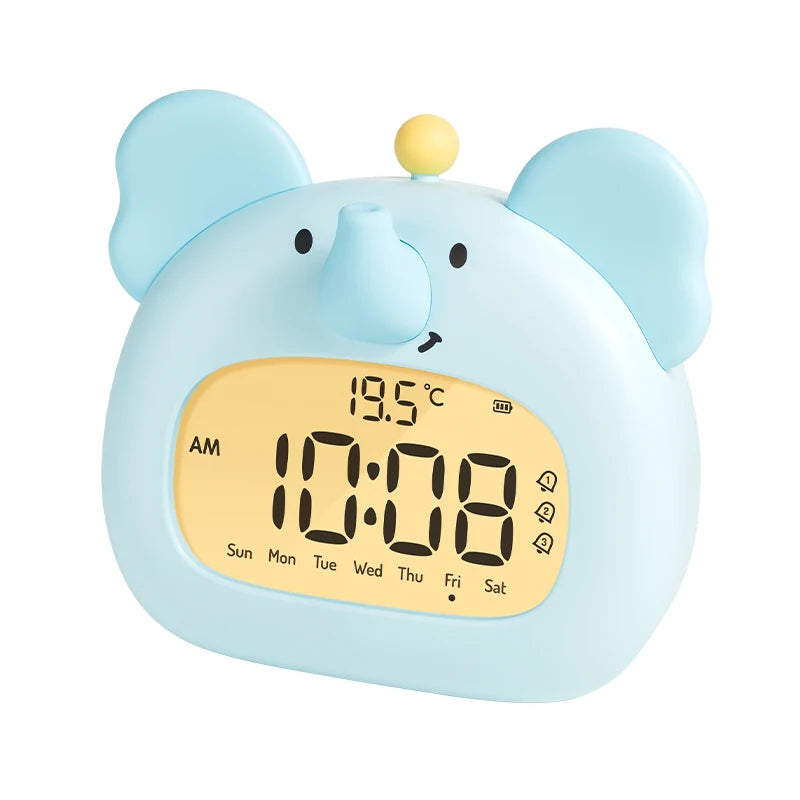 Cute blue elephant-shaped kawaii digital clock with temperature display on a white background