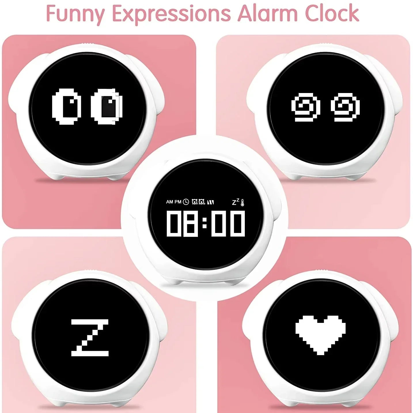 Kawaii alarm clock with various expression faces on a pink background