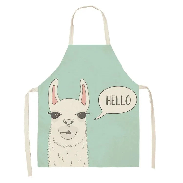 Apron with a llama Kawaii illustration and 'HELLO' text on a light green background
