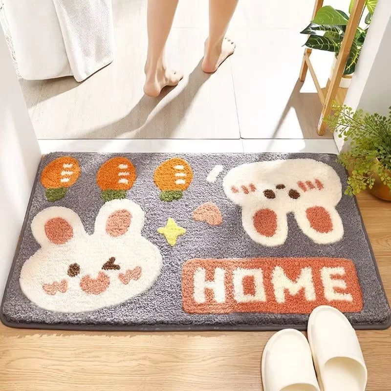 Decorative doormat with Kawaii cartoon bunny design and 'HOME' text on a wooden floor.