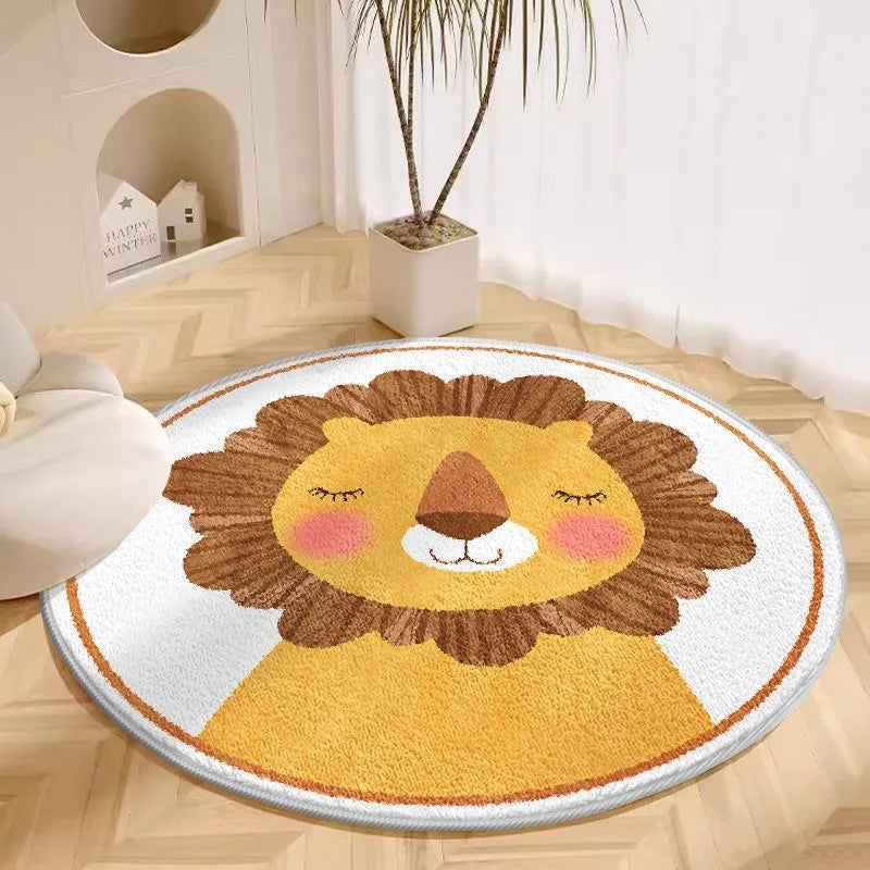 Round kawaii rug with a lion design on a wooden floor.