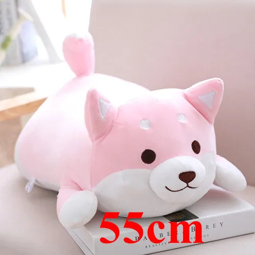 Pink and white plush kawaii toy cat on a book with '55cm' text
