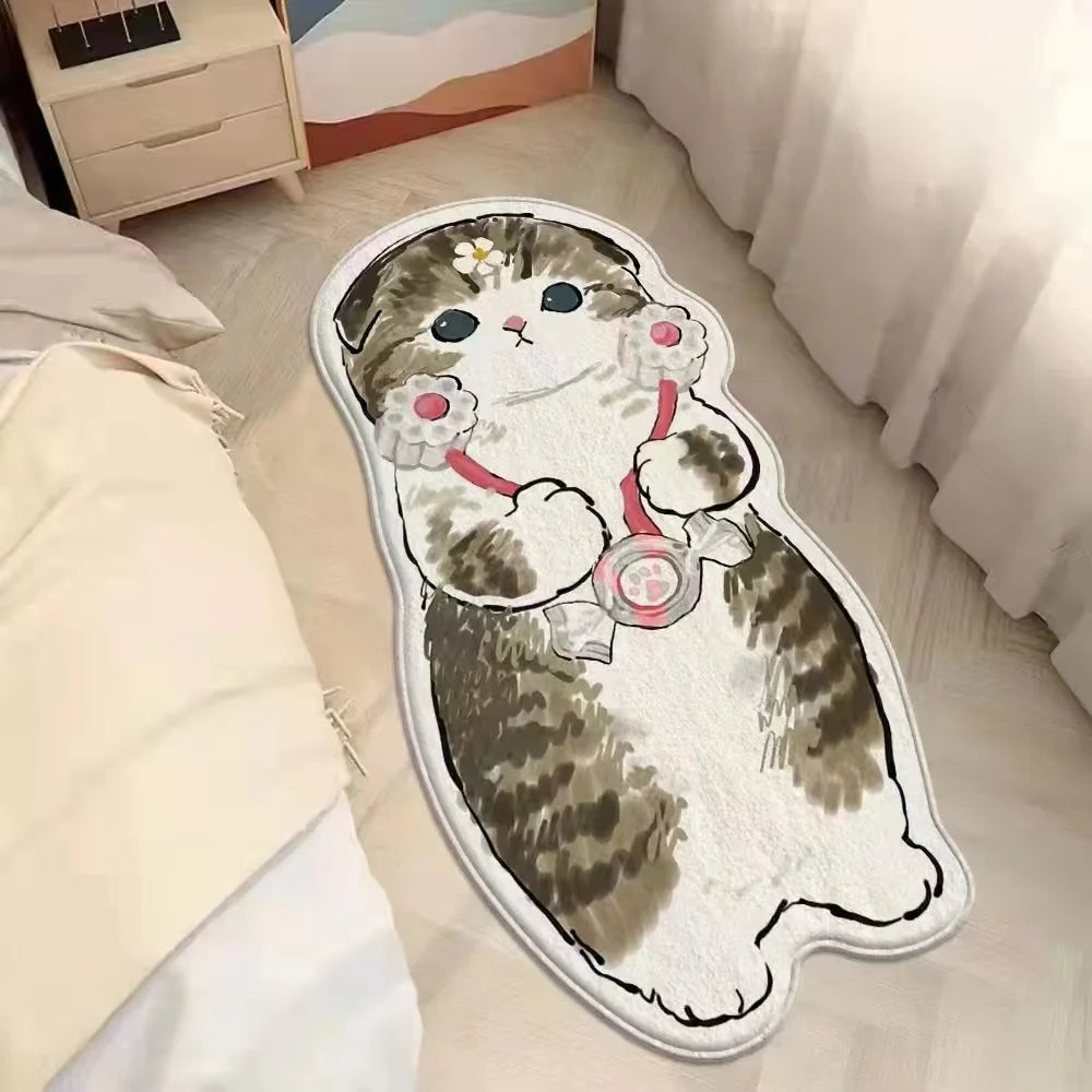 Kawaii cat-shaped rug on a bed with a cartoon design