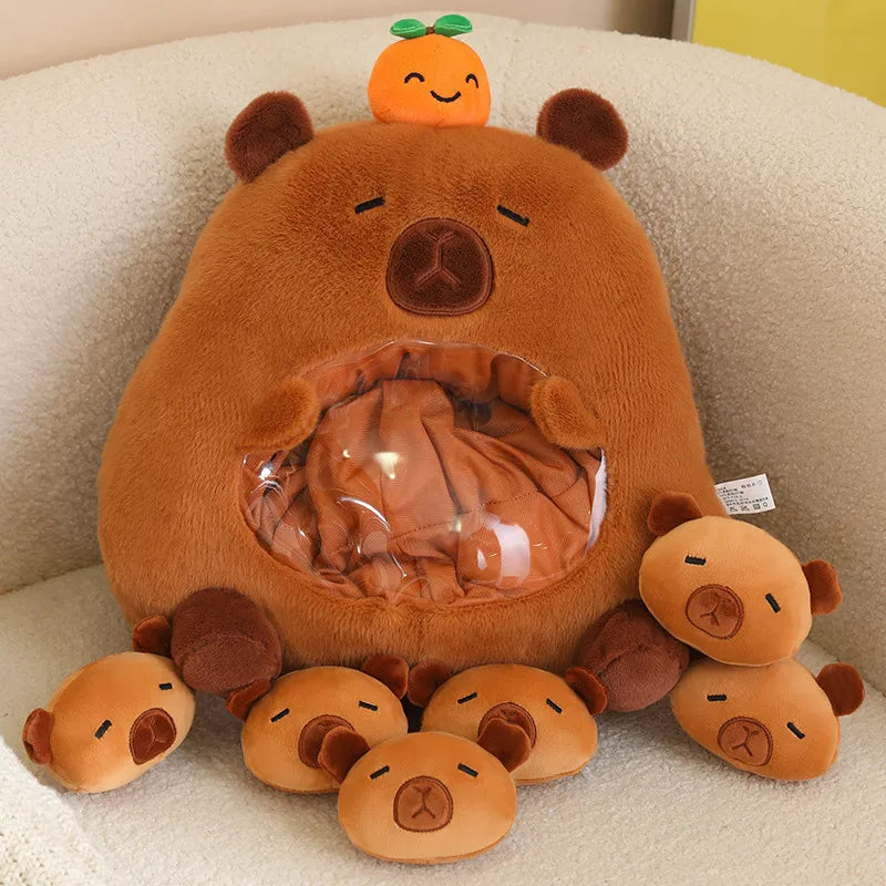 Brown kawaii plush toy with multiple smaller bear figures on a beige surface