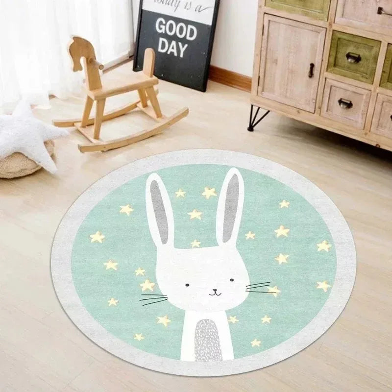 Round kawaii rug with a rabbit design on a wooden floor