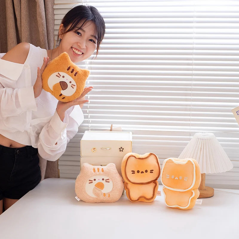 Woman holding a plush kawaii toy with other similar toys on a table.