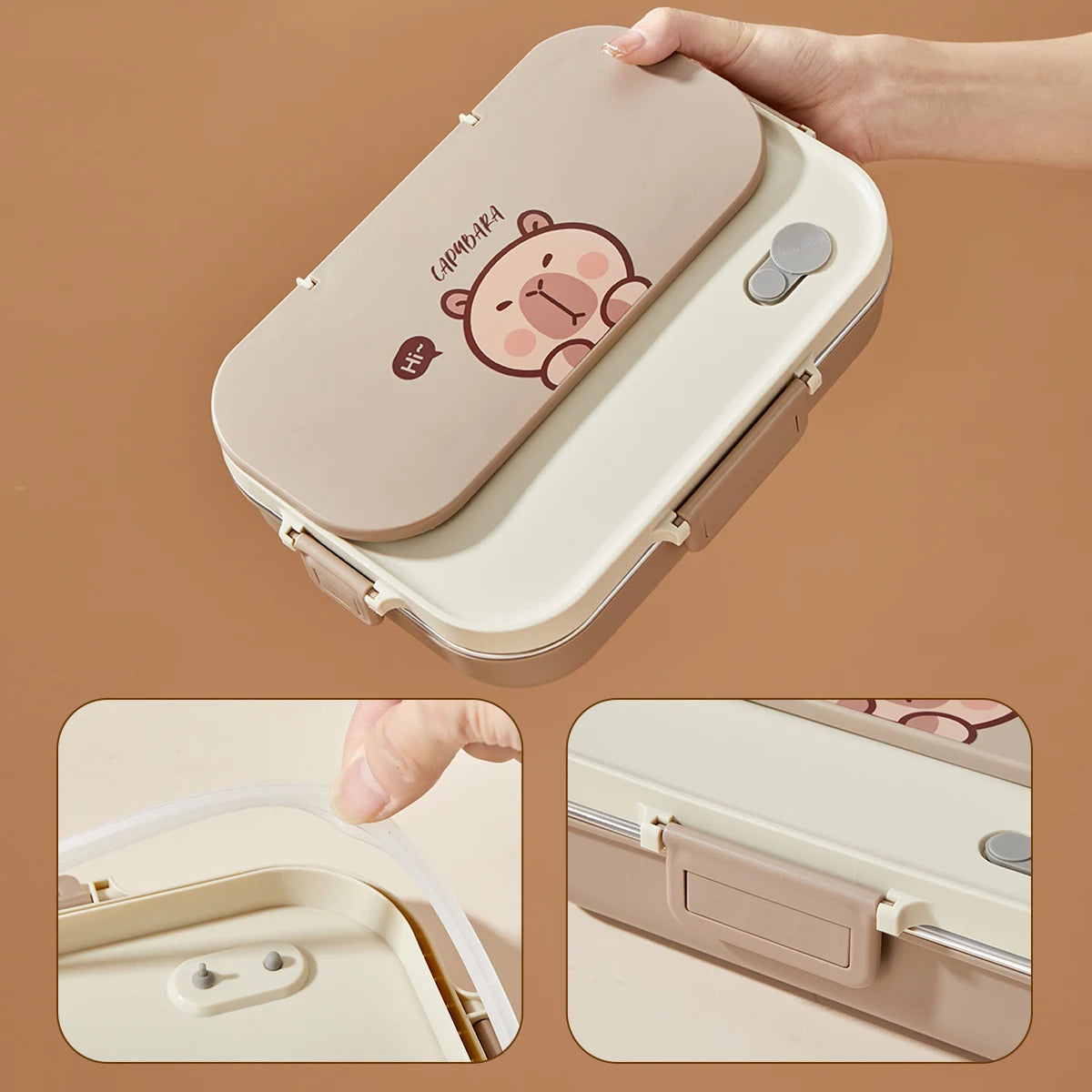 Beige lunch box with kawaii cartoon bear design on a brown background