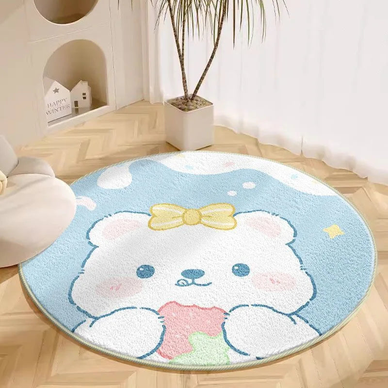 Round kawaii rug with a cartoon bear design on a wooden floor.