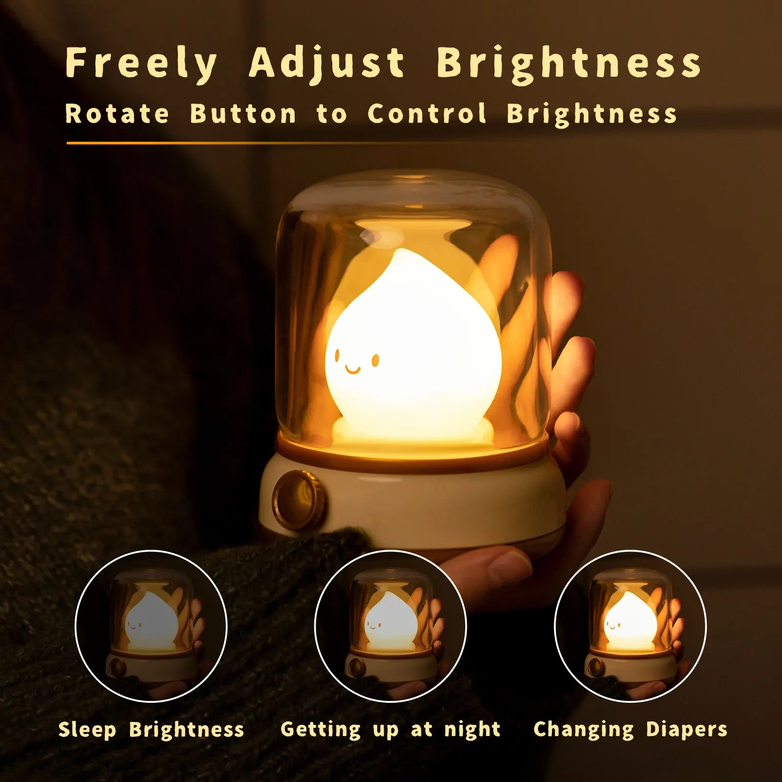 Hand holding a small kawaii night light with adjustable brightness settings on a dark background.