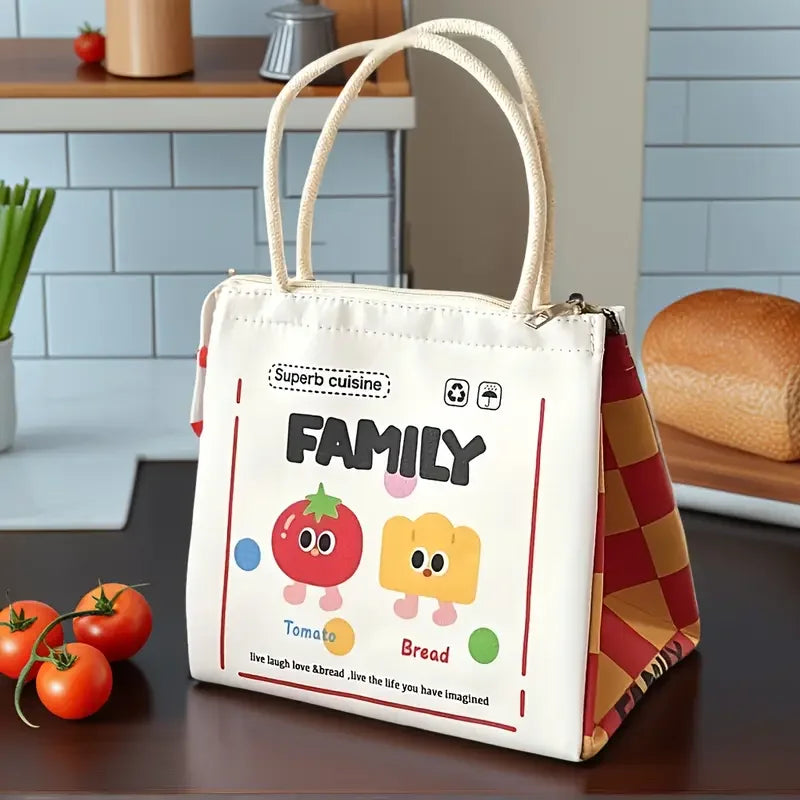 White lunch bag with kawaii cartoon tomato and bread design on a kitchen counter.