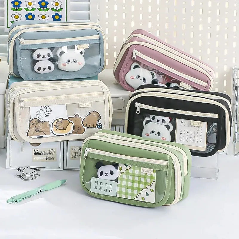 Set of cute kawaii pouches with animal designs on a white background