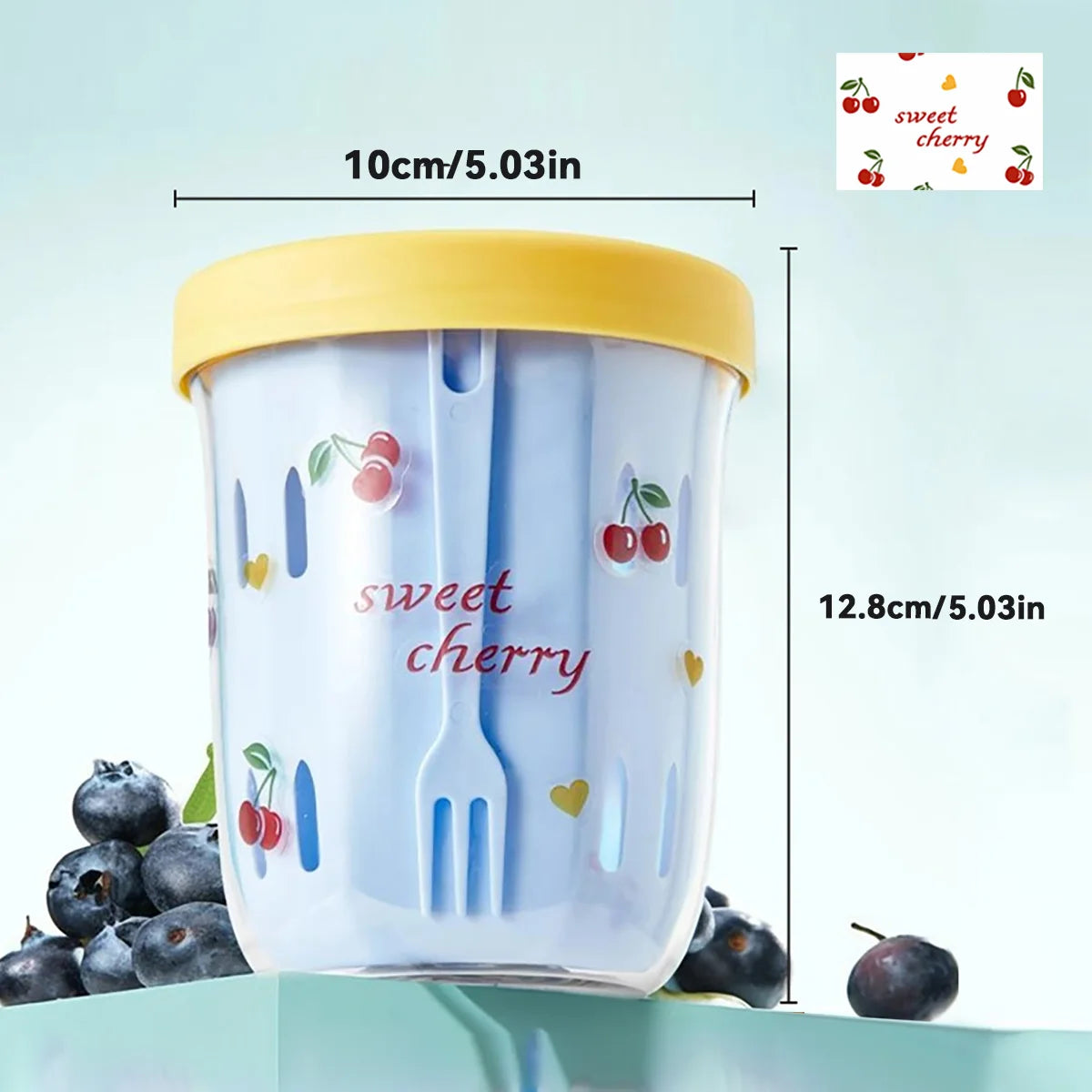 Container with Kawaii 'sweet cherry' text and measurements on a light blue background