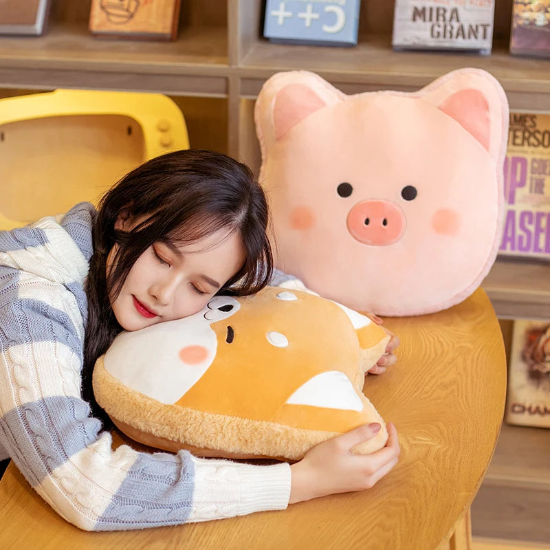 Woman lying on a chair with animal-shaped kawaii cushions, including a pig and deer design.