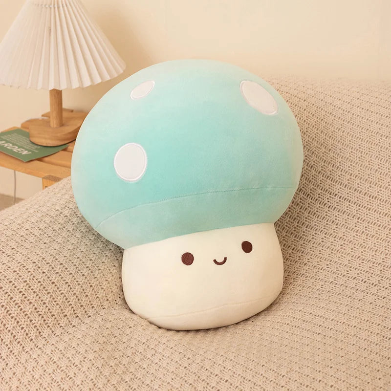 Cute mushroom-shaped plush kawaii toy with a smiling face on a beige surface.