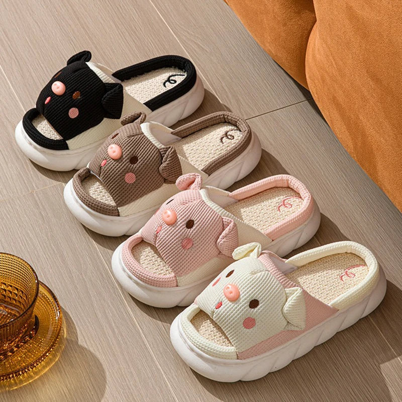 Set of children's kawaii sandals in various colors on a wooden floor.