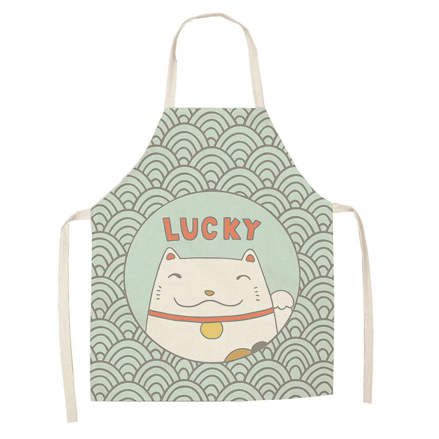 Apron with a cat illustration and 'LUCKY' text on a wavy Kawaii pattern
