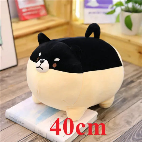 Plush kawaii toy shaped like a dog on a wooden surface with '40cm' text