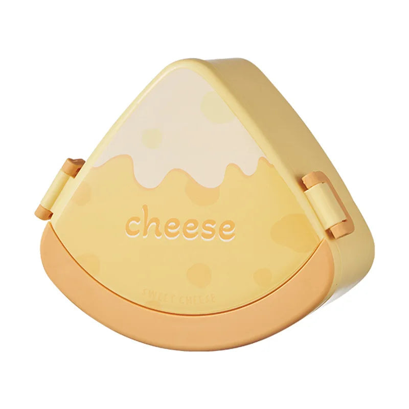 Yellow kawaii cheese-shaped container with 'cheese' text on a white background