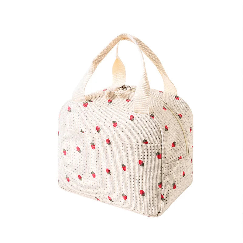 Woven bag with kawaii strawberry pattern on a white background