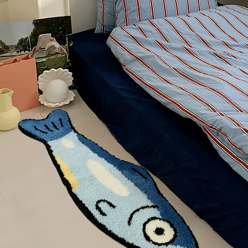 Fish-shaped kawaii rug on a bed with striped bedding