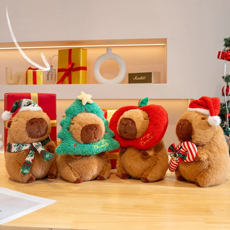 Four kawaii teddy bears wearing Christmas-themed outfits on a wooden surface.