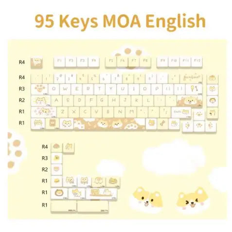 Keyboard layout with Kawaii cartoon dog designs on a yellow background, labeled '95 Keys MOA English'.