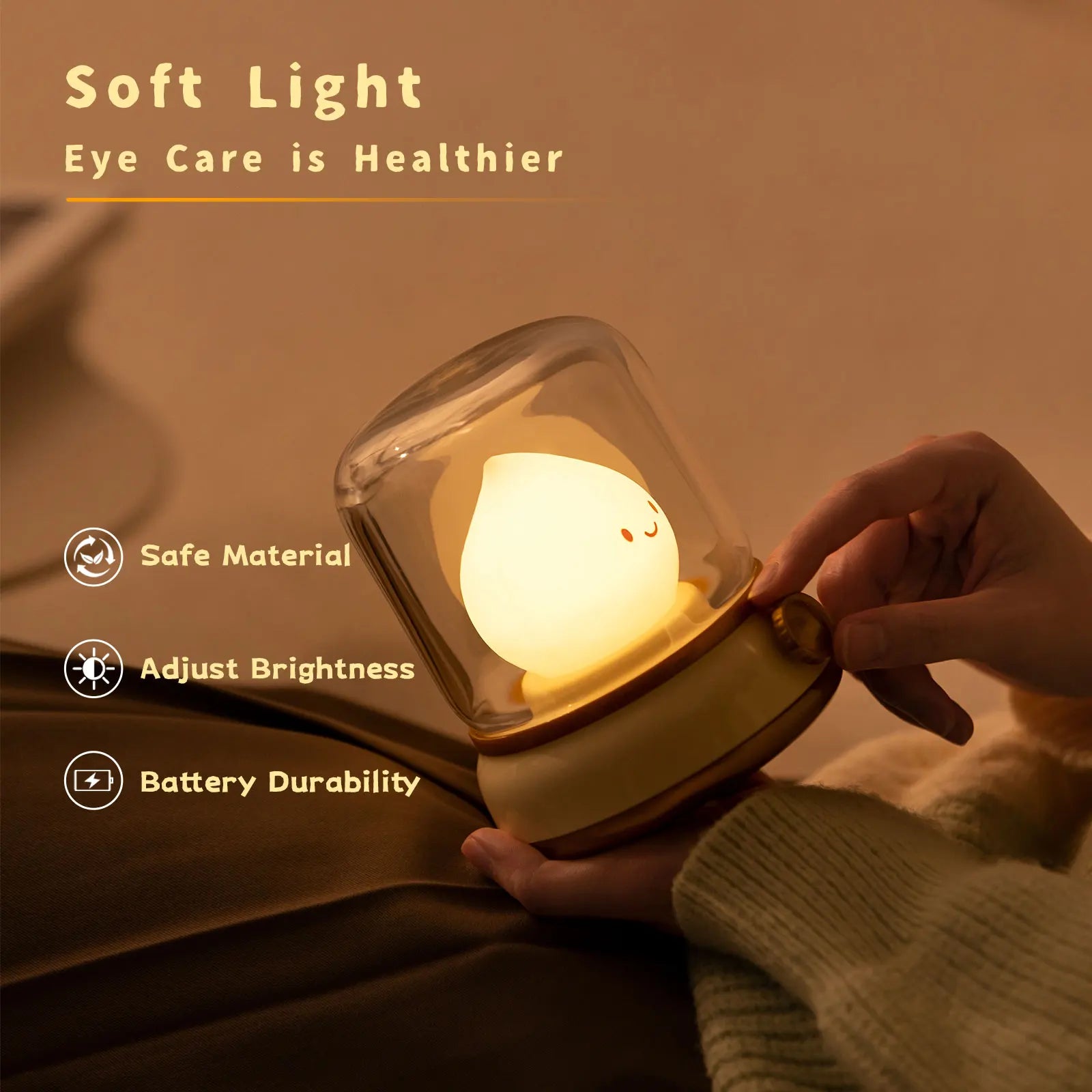 Hand holding a small, round kawaii light bulb with text about soft light eye care on a warm-toned background.