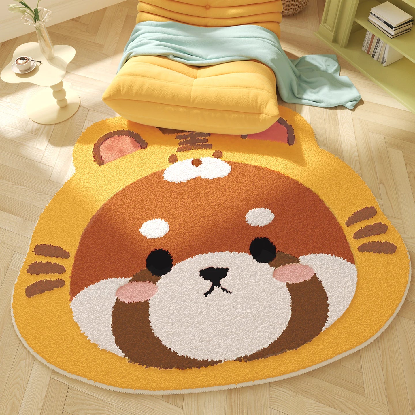Round kawaii rug with a cartoon bear design on a wooden floor.