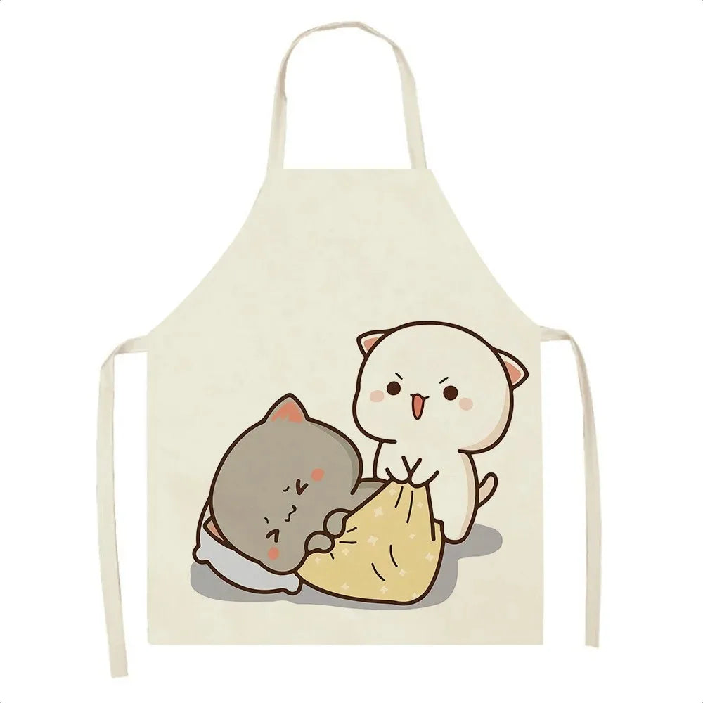 Beige apron with Kawaii cartoon cats design on a white background
