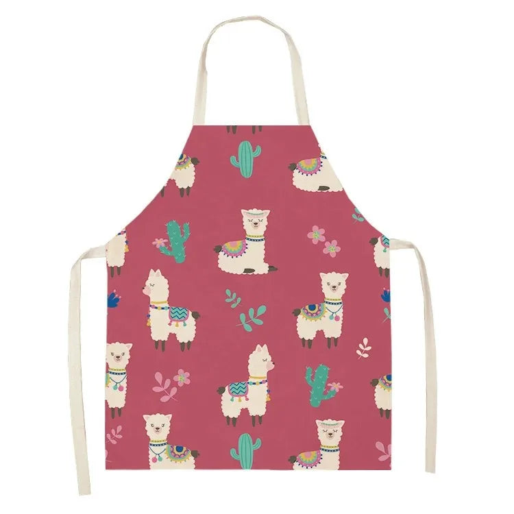 Children's Kawaii apron with llama and cactus pattern on a red background