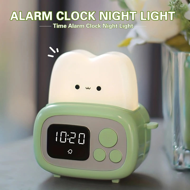 Green kawaii alarm clock night light with a digital display on a blurred background