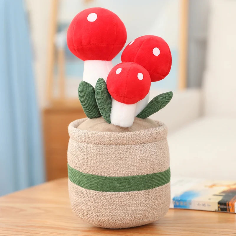 Plush kawaii toy mushrooms in a pot on a wooden surface with a blurred background