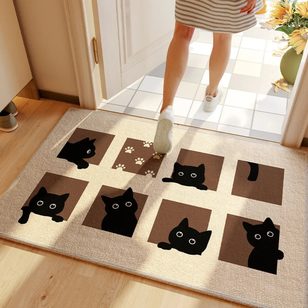 Decorative rug with Kawaii black cat designs on a wooden floor.