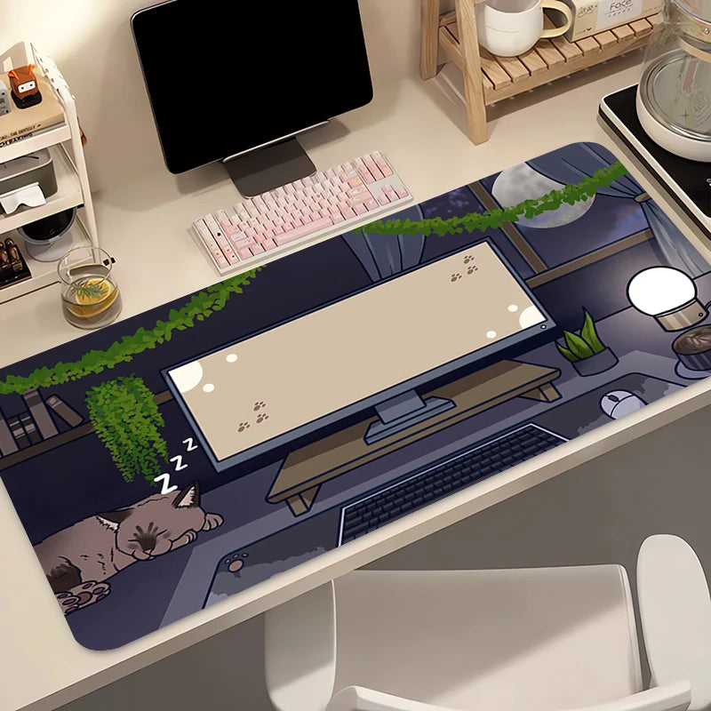 Desk setup with a large decorative mouse pad featuring Kawaii cartoon designs.
