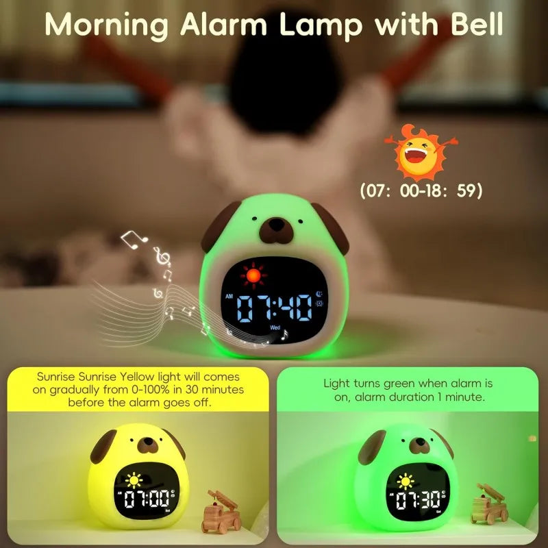 Children's alarm clock with bell and digital display, featuring a Kawaii dog character and text about features.