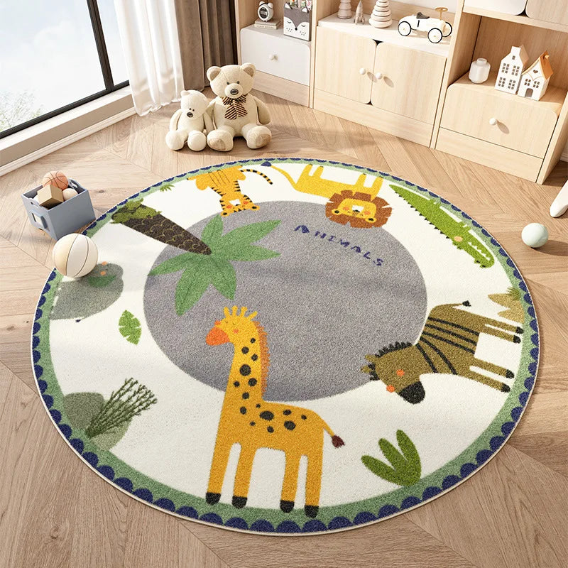 Round children's kawaii rug with animal designs on a wooden floor.