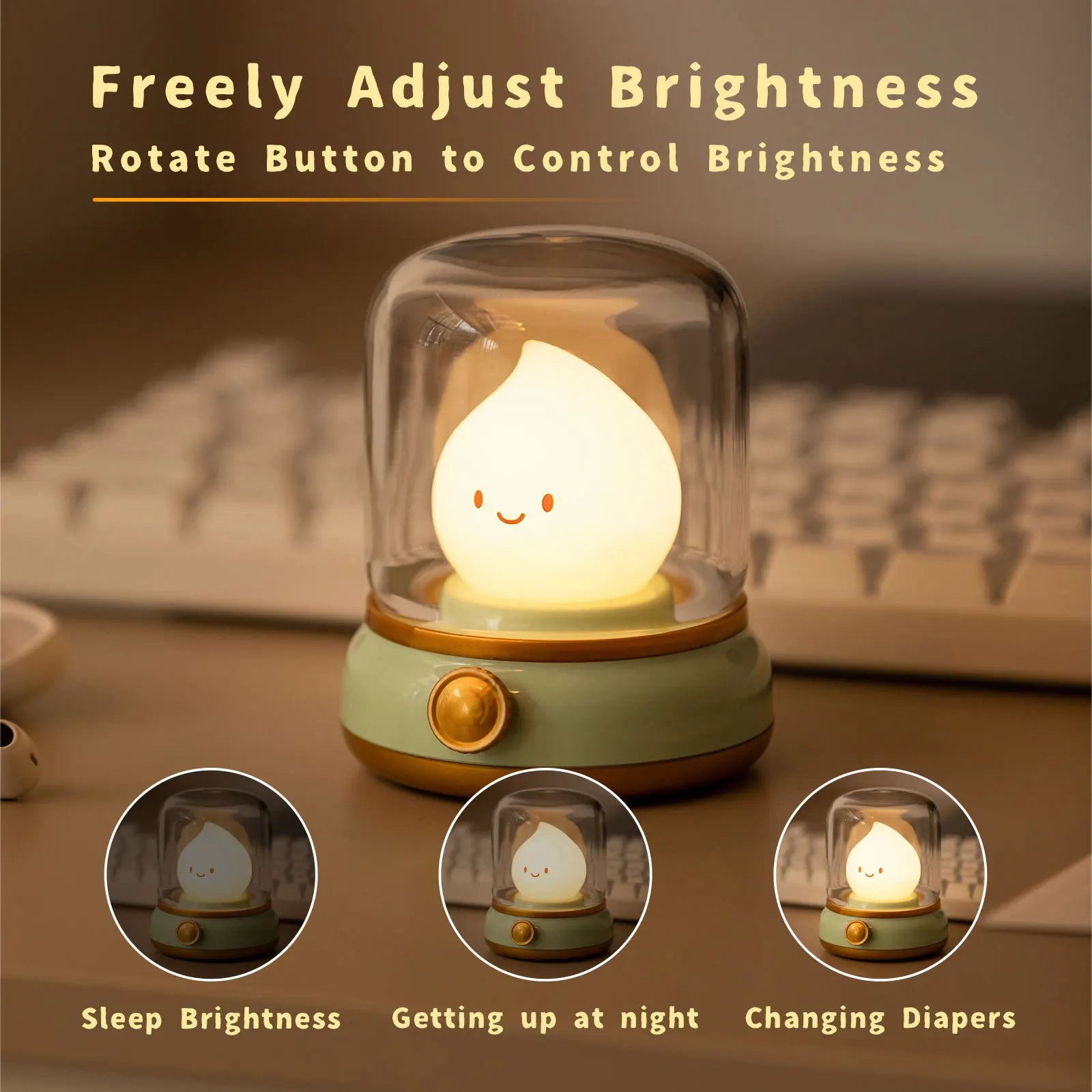 Small kawaii night light with adjustable brightness on a desk next to a keyboard