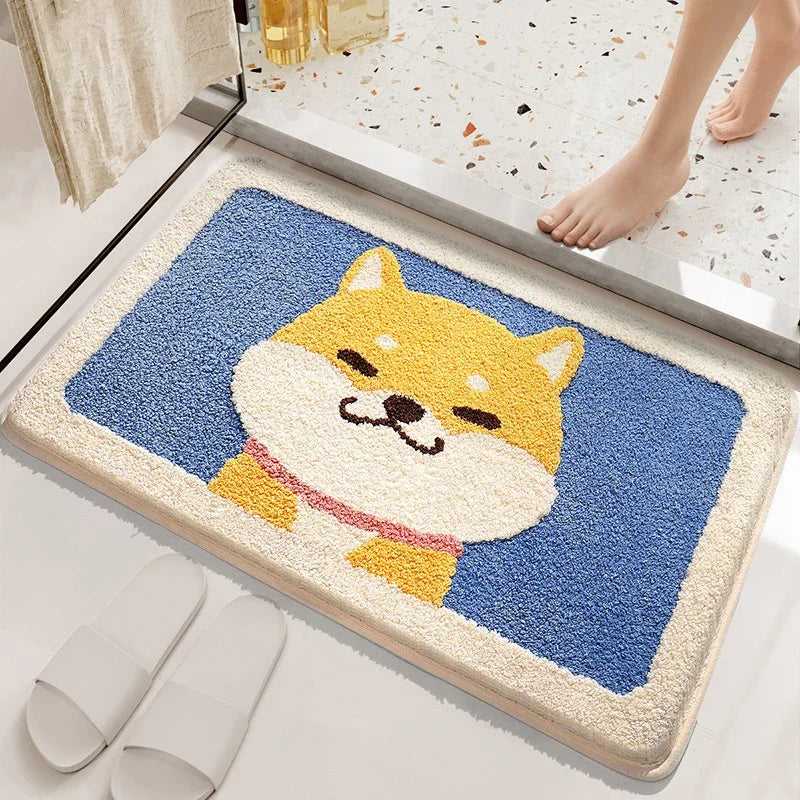 Doormat with a Kawaii dog design on a floor next to a mirror.