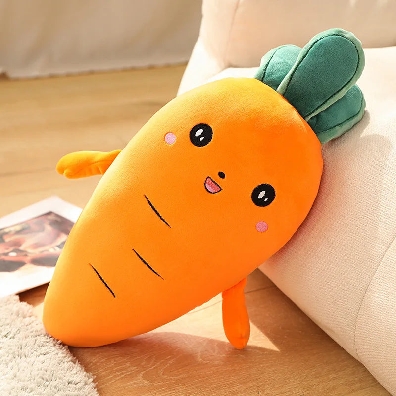 Kawaii plush carrot toy with a face on a wooden surface