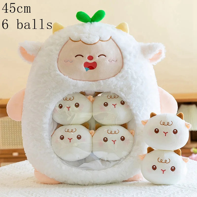 Kawaii plush toy shaped like a sheep with six smaller plush balls on a light background