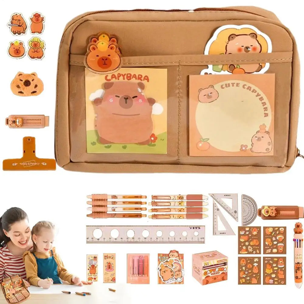Cute stationery set with kawaii capybara-themed items on a beige background